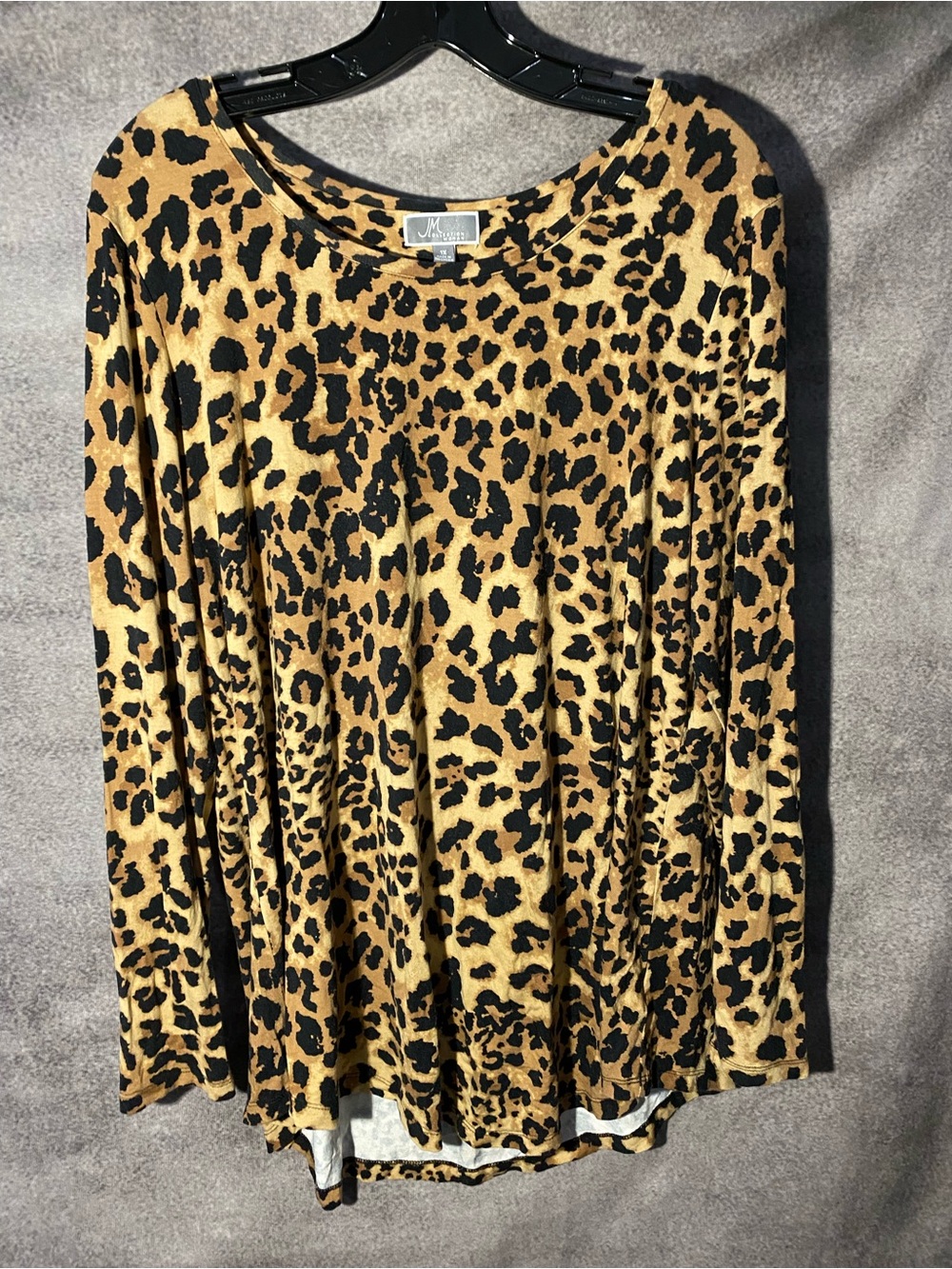JM Collection Womens 1X Top Blouse Long Sleeve Leopard Animal Print Scoop Neck